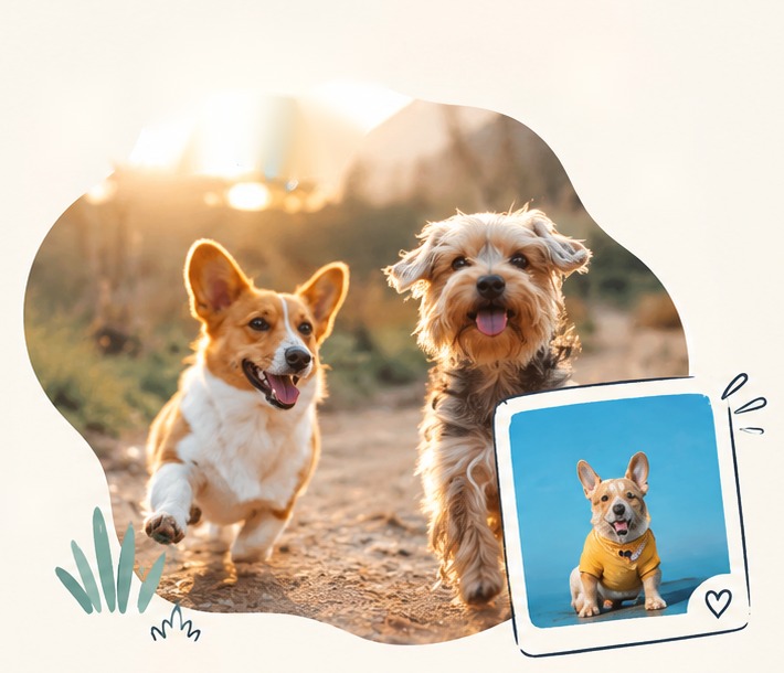 A corgi and a terrier running happily outdoors, with a small dog in a yellow jumper in a photo frame