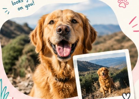 Smiling golden retriever on a sunny hillside