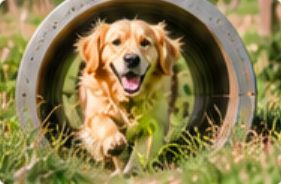 Golden retriever bounding out of a tunnel