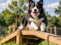 Border collie running over a wooden ramp