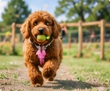 Brown poodle running with a tennis ball