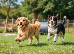 Two dogs running across the grass