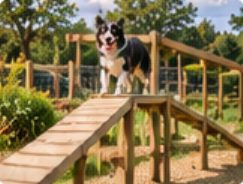 Border collie at the top of a wooden ramp