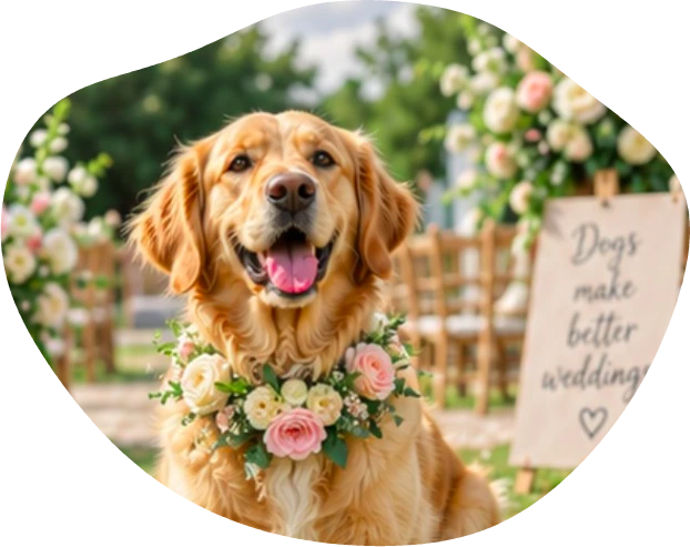 Golden retriever wearing a flower garland at an outdoor wedding ceremony