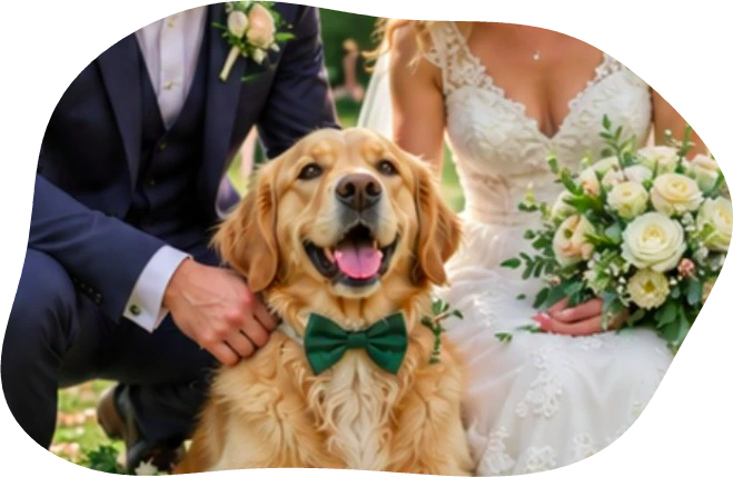 Couple kneeling with their golden retriever wearing a green bow tie
